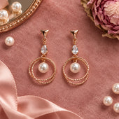 Rose Gold Double Hoop Pearl Drop Earrings with CZ for Women