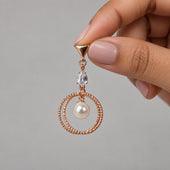 Rose Gold Double Hoop Pearl Drop Earrings with CZ for Women