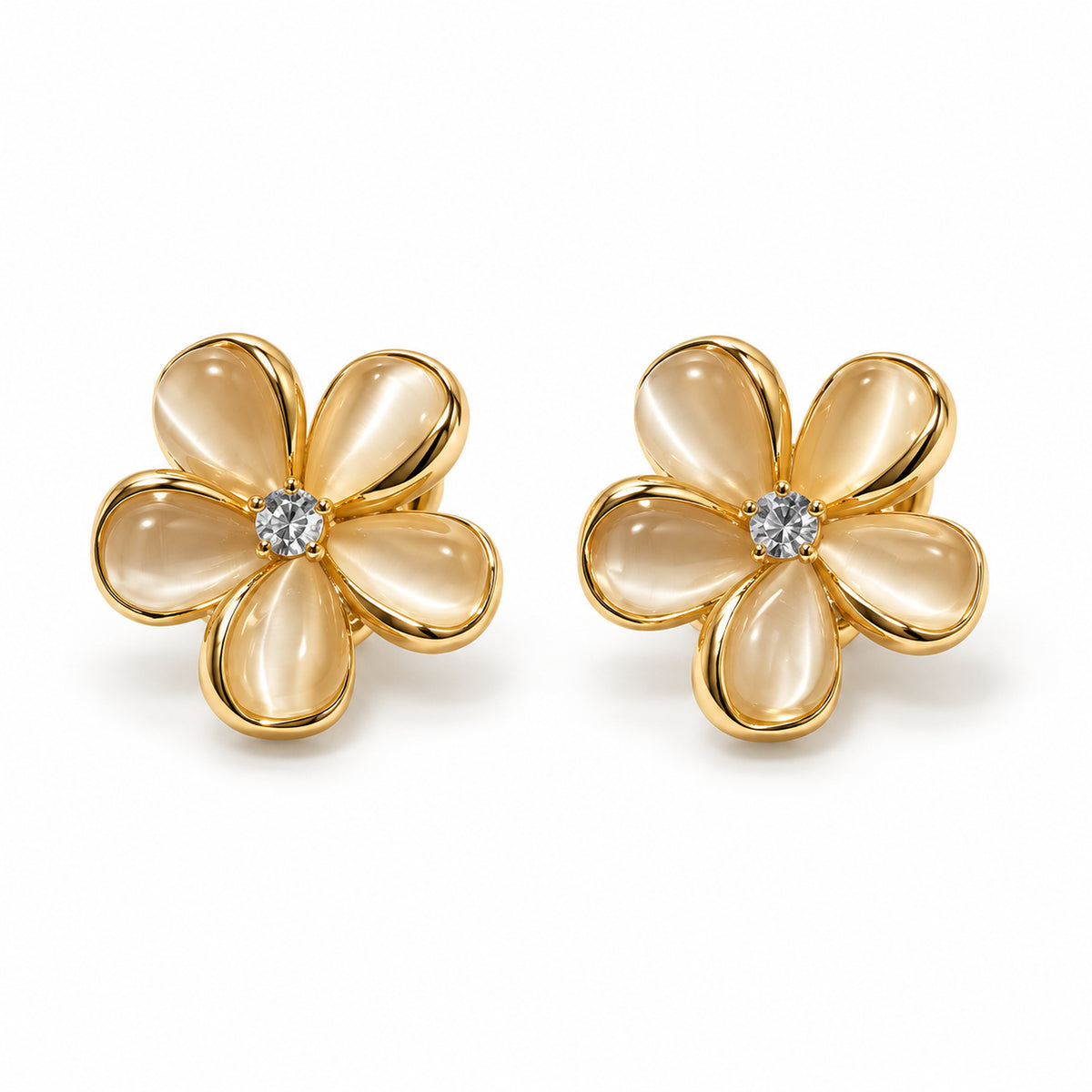 Gold Plated Five Petal Flower Cat Eye Stud Earrings for Women