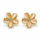 Gold Plated Five Petal Flower Cat Eye Stud Earrings for Women