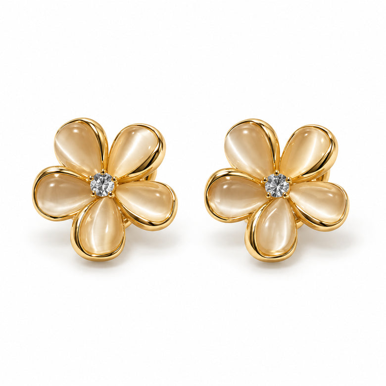 Gold Plated Five Petal Flower Cat Eye Stud Earrings for Women