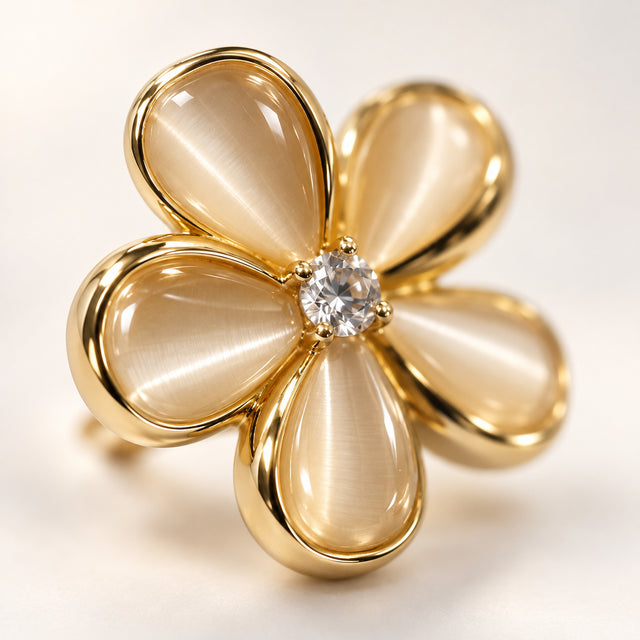 Gold Plated Five Petal Flower Cat Eye Stud Earrings for Women