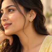 Gold Plated Five Petal Flower Cat Eye Stud Earrings for Women