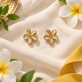 Gold Plated Five Petal Flower Cat Eye Stud Earrings for Women