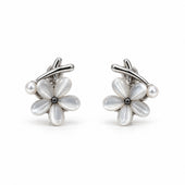 Silver Mini Flower Cat Eye Stone Pearl Stud Earrings for Women
