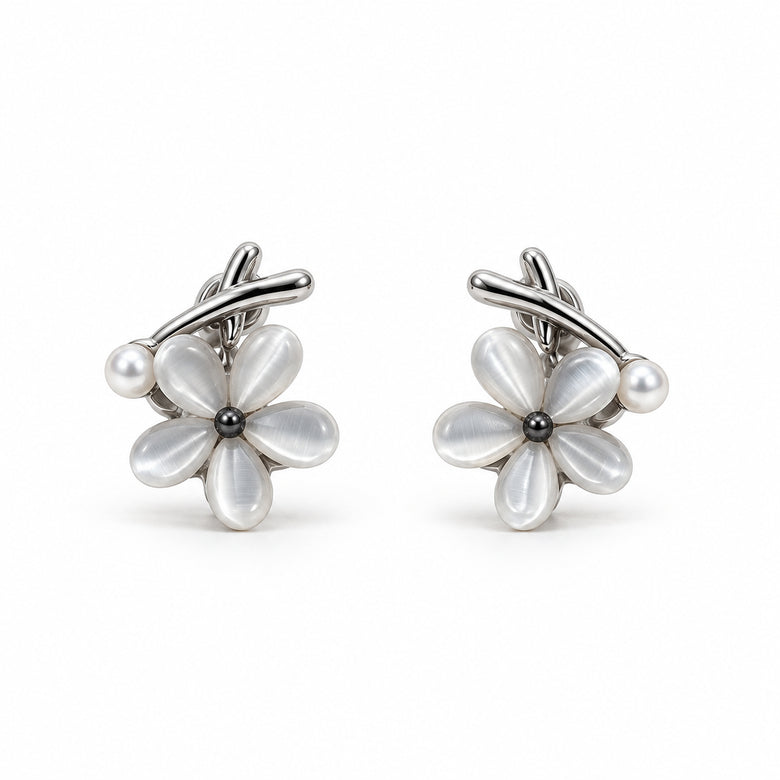 Silver Mini Flower Cat Eye Stone Pearl Stud Earrings for Women