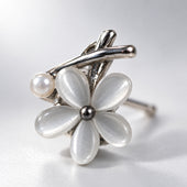 Silver Mini Flower Cat Eye Stone Pearl Stud Earrings for Women