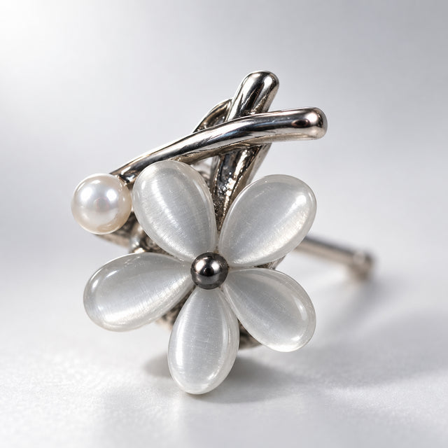 Silver Mini Flower Cat Eye Stone Pearl Stud Earrings for Women