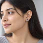 Silver Mini Flower Cat Eye Stone Pearl Stud Earrings for Women