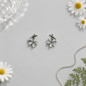 Silver Mini Flower Cat Eye Stone Pearl Stud Earrings for Women