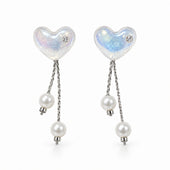 Iridescent Heart Pearl Tassel Drop Earrings in Silver for Women