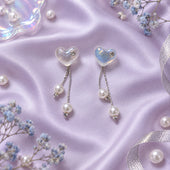 Iridescent Heart Pearl Tassel Drop Earrings in Silver for Women