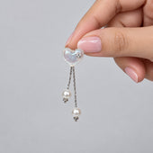 Iridescent Heart Pearl Tassel Drop Earrings in Silver for Women