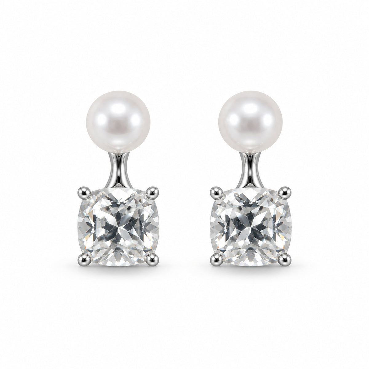 Pearl and Cushion Cut CZ Silver Drop Earrings for Women