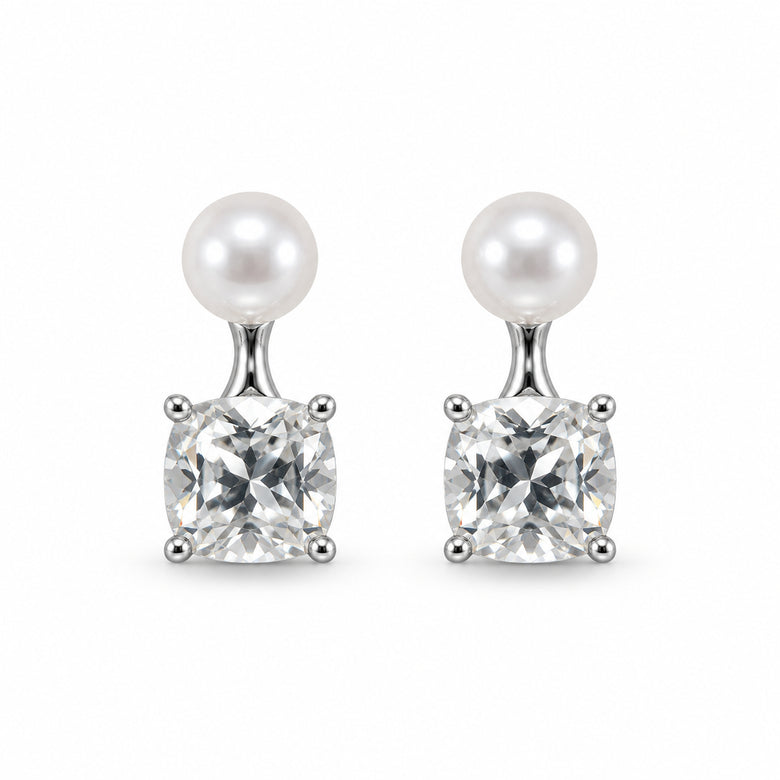 Pearl and Cushion Cut CZ Silver Drop Earrings for Women