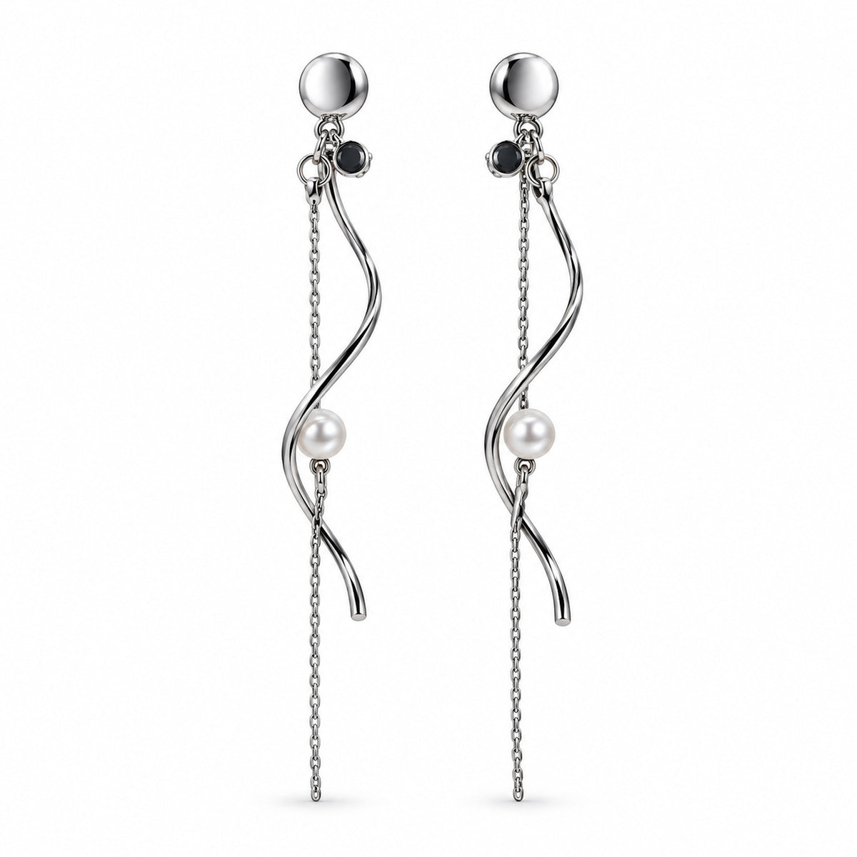 Silver Wavy Ribbon Pearl Long Tassel Drop Earrings for Women