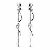 Silver Wavy Ribbon Pearl Long Tassel Drop Earrings for Women
