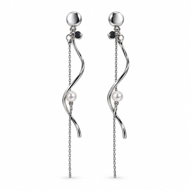 Silver Wavy Ribbon Pearl Long Tassel Drop Earrings for Women