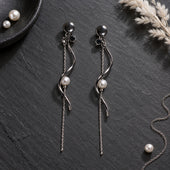 Silver Wavy Ribbon Pearl Long Tassel Drop Earrings for Women