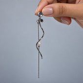 Silver Wavy Ribbon Pearl Long Tassel Drop Earrings for Women