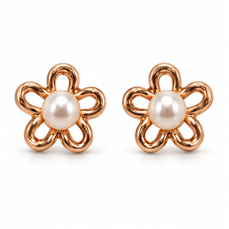Rose Gold Pearl Flower Stud Earrings