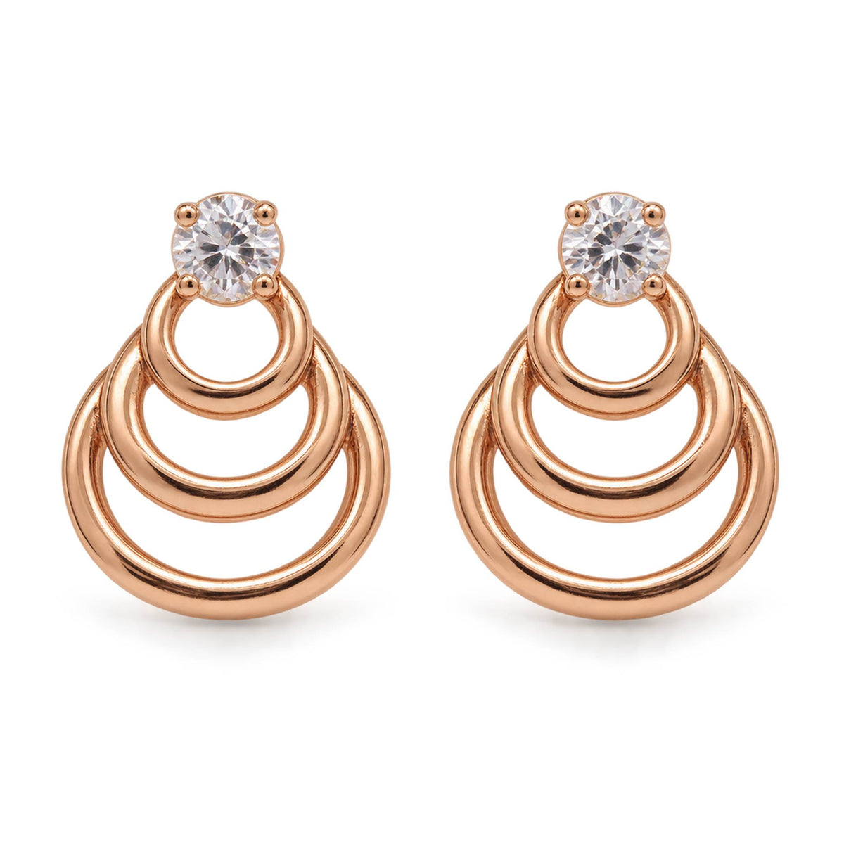 Rose Gold Triple Ring CZ Stud Earrings