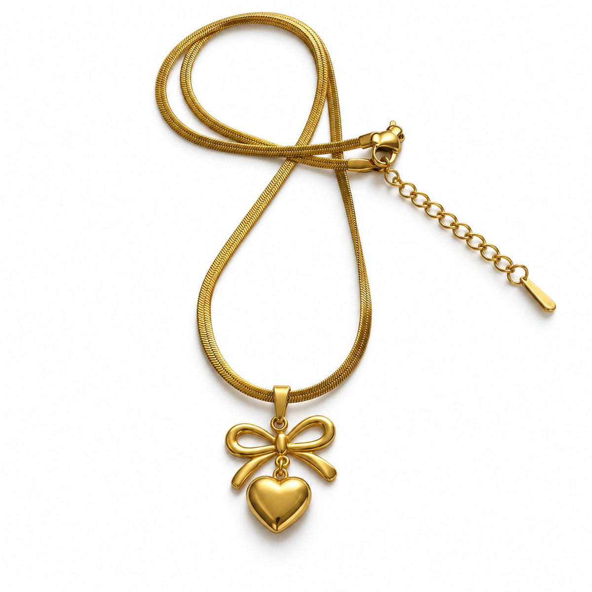 Gold Bow Heart Pendant Herringbone Necklace
