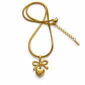 Gold Bow Heart Pendant Herringbone Necklace