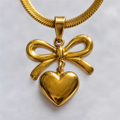 Gold Bow Heart Pendant Herringbone Necklace