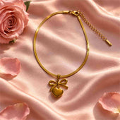 Gold Bow Heart Pendant Herringbone Necklace
