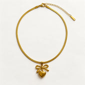 Gold Bow Heart Pendant Herringbone Necklace