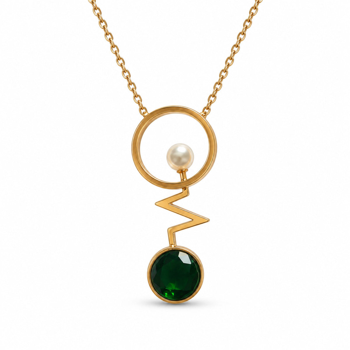 Gold Pearl Heartbeat Green Stone Necklace