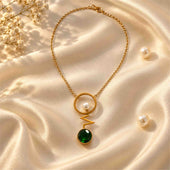 Gold Pearl Heartbeat Green Stone Necklace