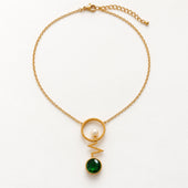 Gold Pearl Heartbeat Green Stone Necklace
