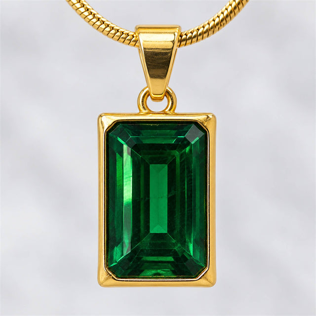 Gold Emerald Green Rectangle Pendant Necklace
