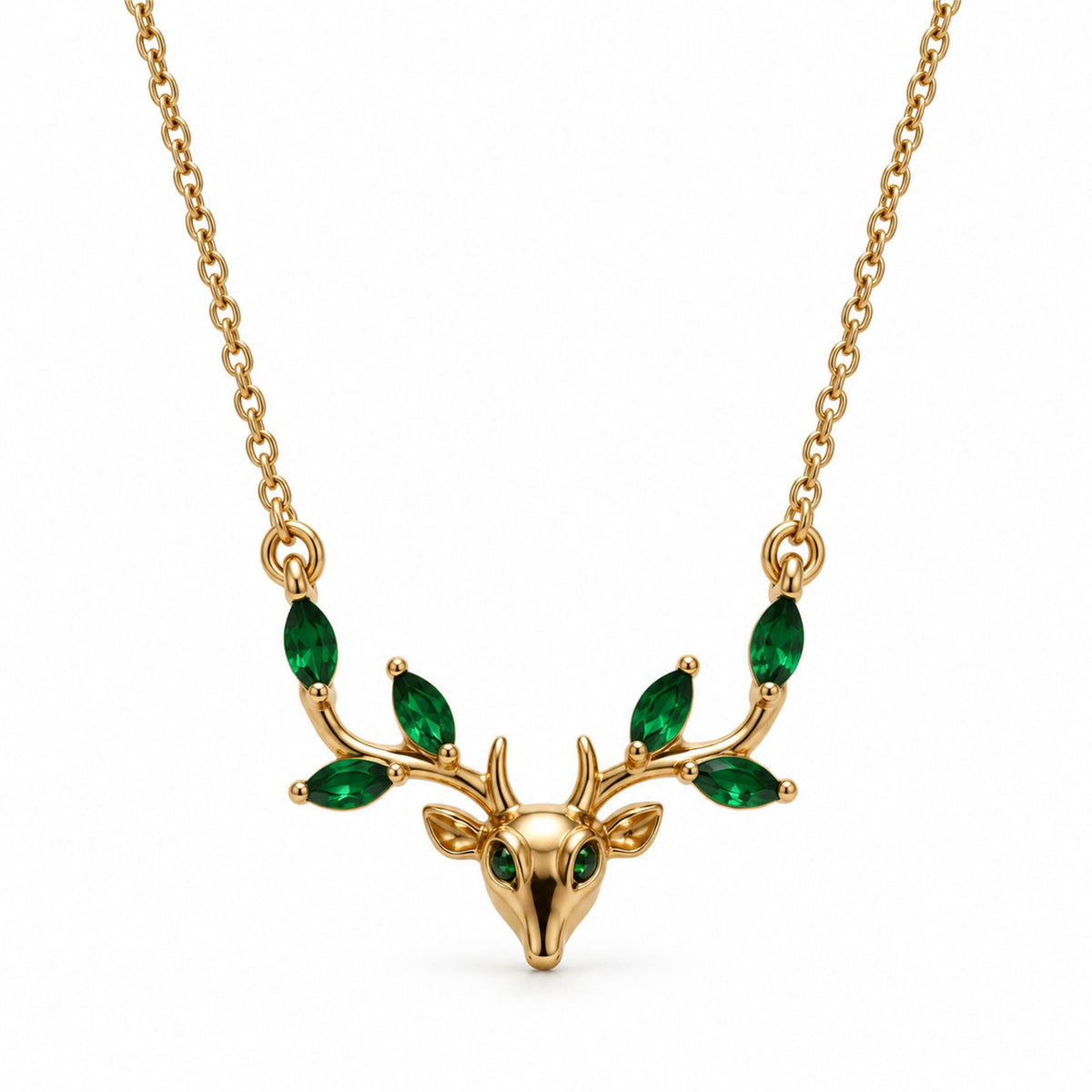 Gold Deer Head Green Stone Necklace