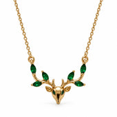 Gold Deer Head Green Stone Necklace