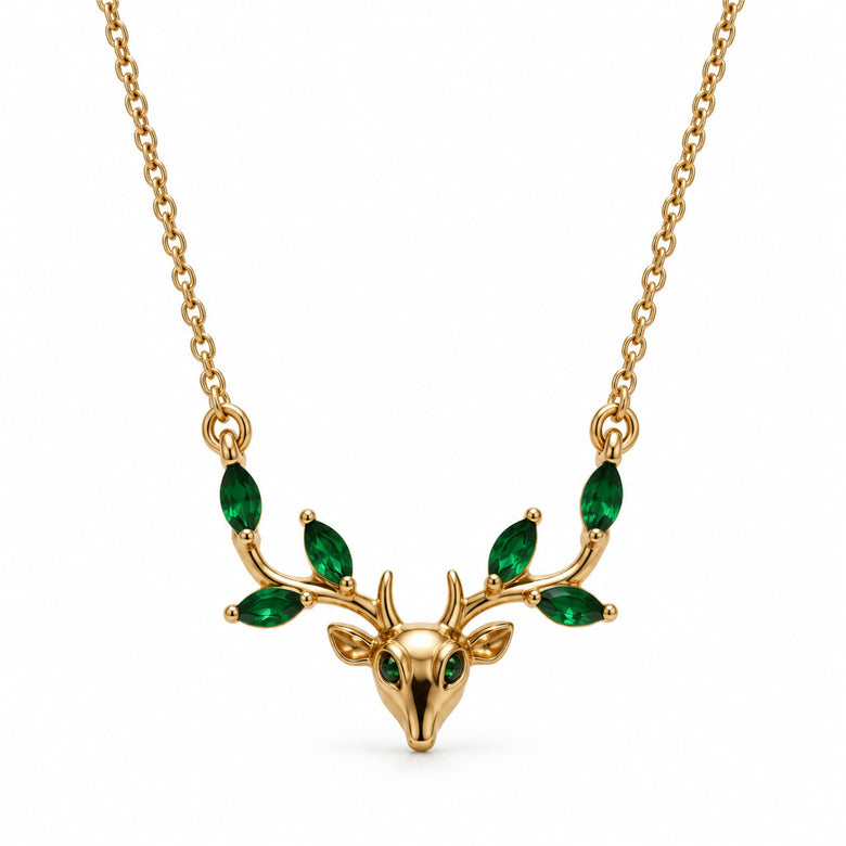 Gold Deer Head Green Stone Necklace
