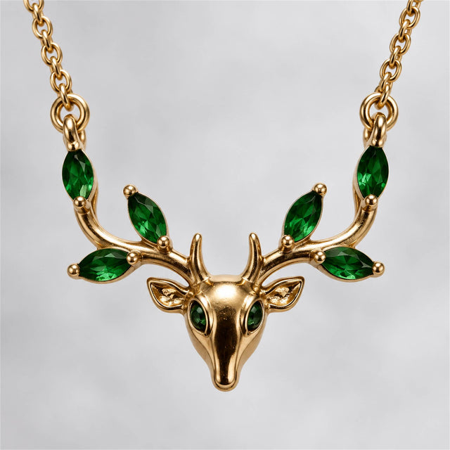 Gold Deer Head Green Stone Necklace