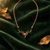 Gold Deer Head Green Stone Necklace