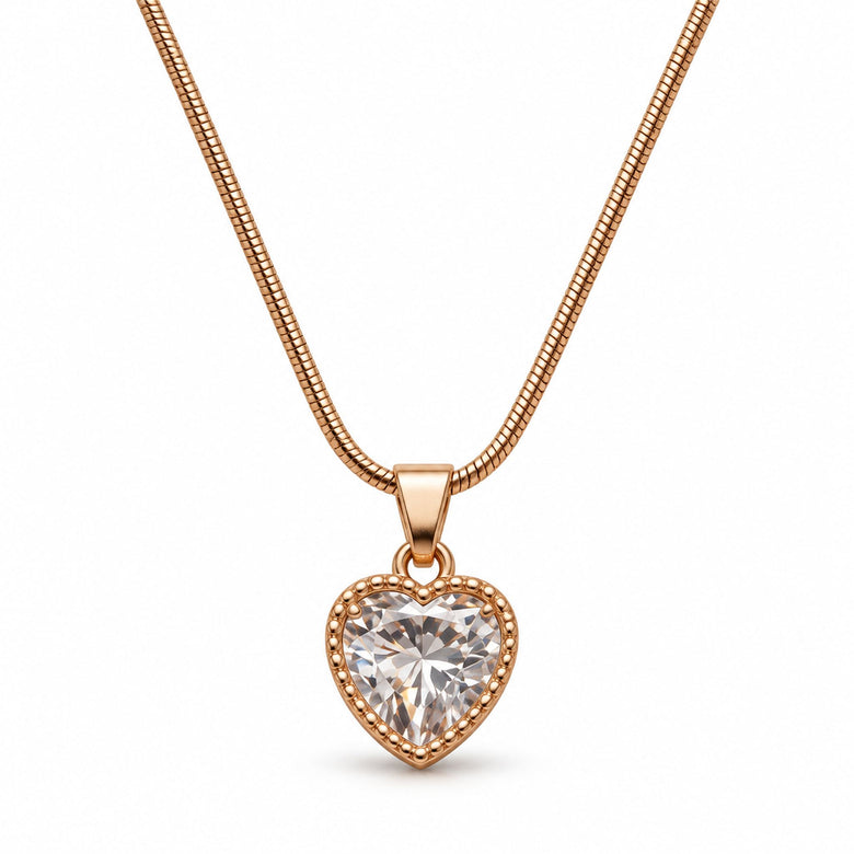 Rose Gold Heart CZ Solitaire Pendant Necklace