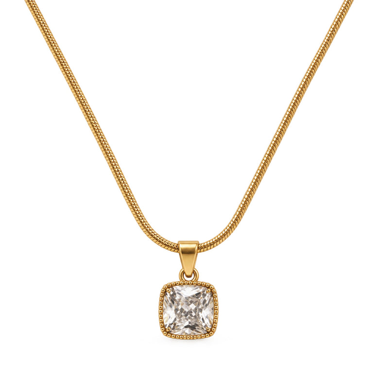 Gold Cushion CZ Solitaire Pendant Necklace