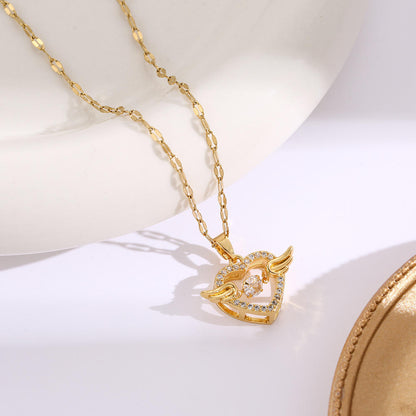 GlowFinch Gold finish Angel Wing Heart Crystal Pendant Necklace for Women | Symbol of Love & Protection