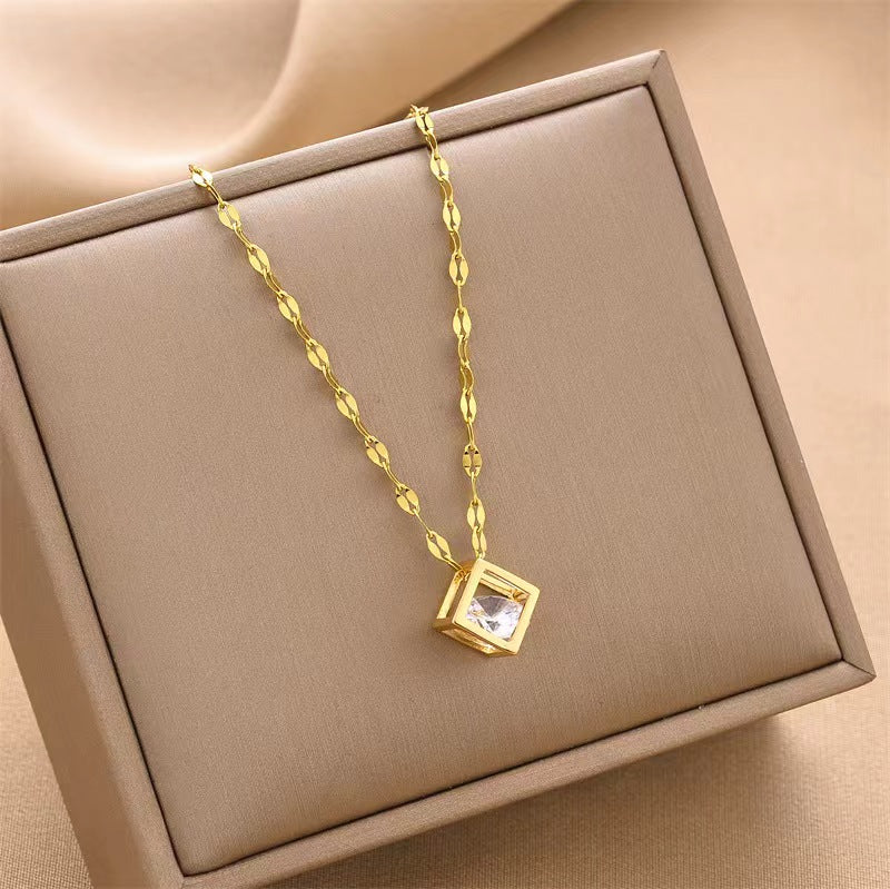 Gold Finish Geometric Cube Crystal Pendant Necklace for Women | Minimal Elegant Jewellery