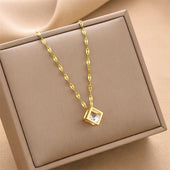 Gold Finish Geometric Cube Crystal Pendant Necklace for Women | Minimal Elegant Jewellery