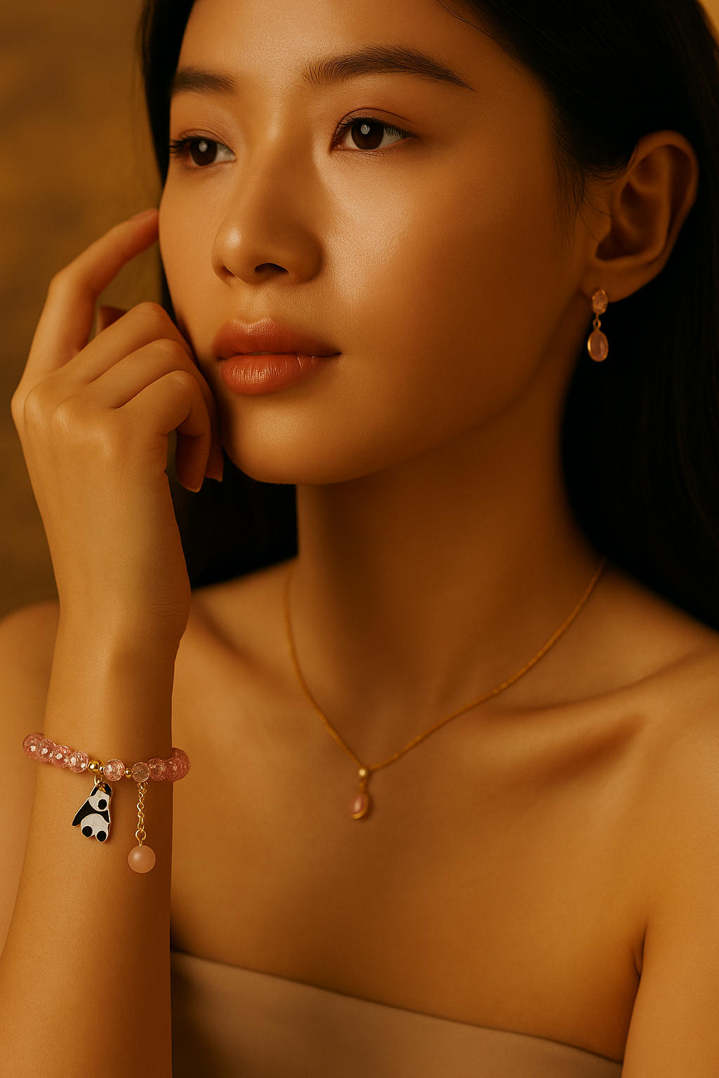 Crystal Bead Bracelet with Panda Charm & Gold Chain Drop