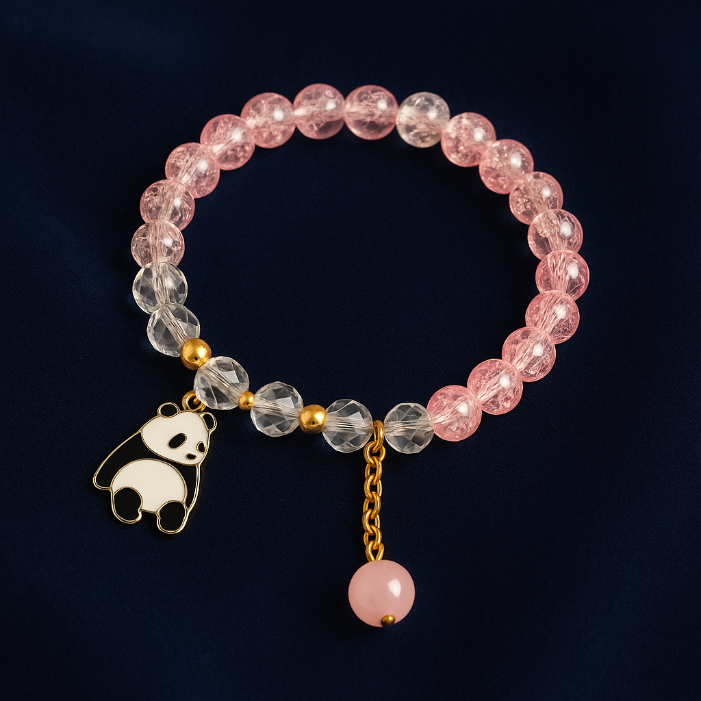 Crystal Bead Bracelet with Panda Charm & Gold Chain Drop