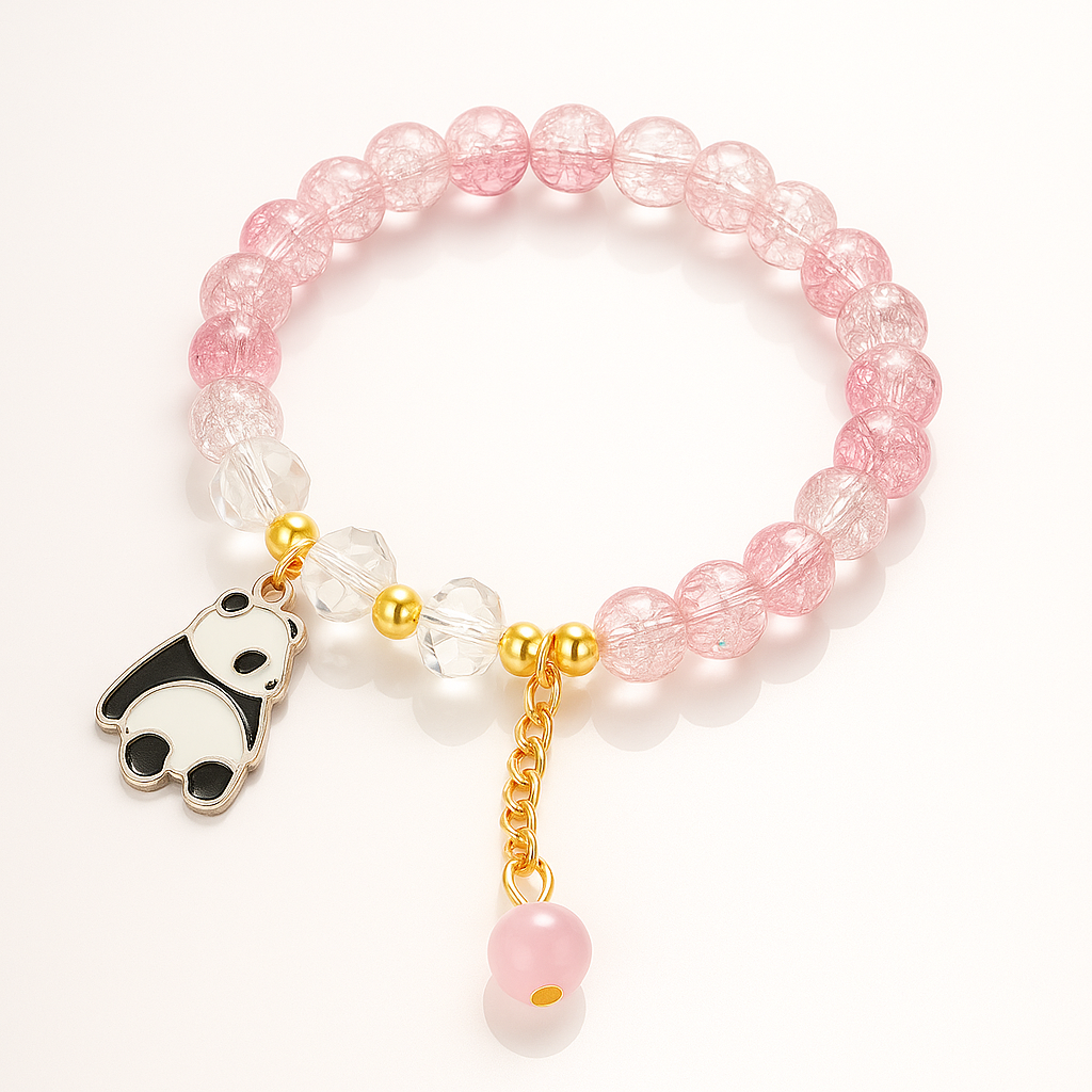 Crystal Bead Bracelet with Panda Charm & Gold Chain Drop