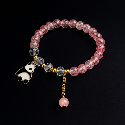 Crystal Bead Bracelet with Panda Charm & Gold Chain Drop