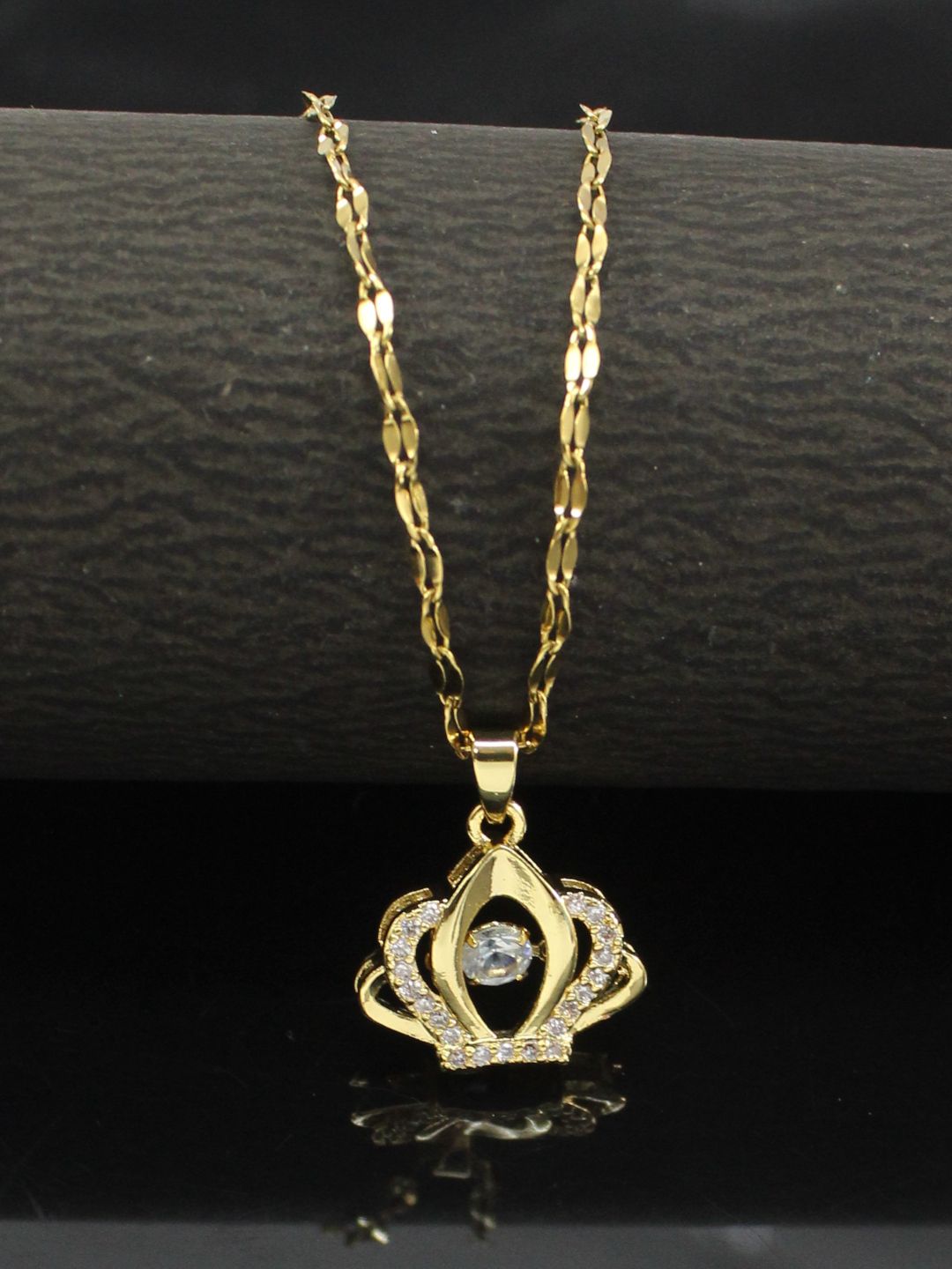 Gold finish Crown Crystal Pendant Necklace for Women | Elegant Royal Design Jewellery